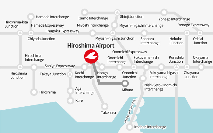 [From Mihara] National Route 2 → Prefectural Road 82 → Hiroshima Airport
