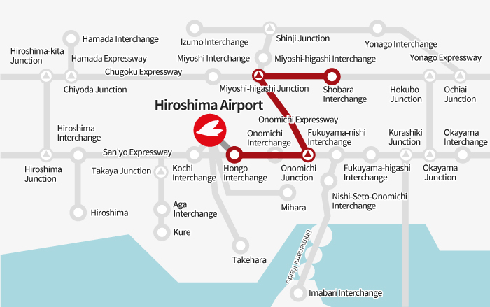[From Shobara] Shobara Interchange → Miyoshi-higashi Junction → Onomichi Junction → Hongo Interchange → Hiroshima Airport