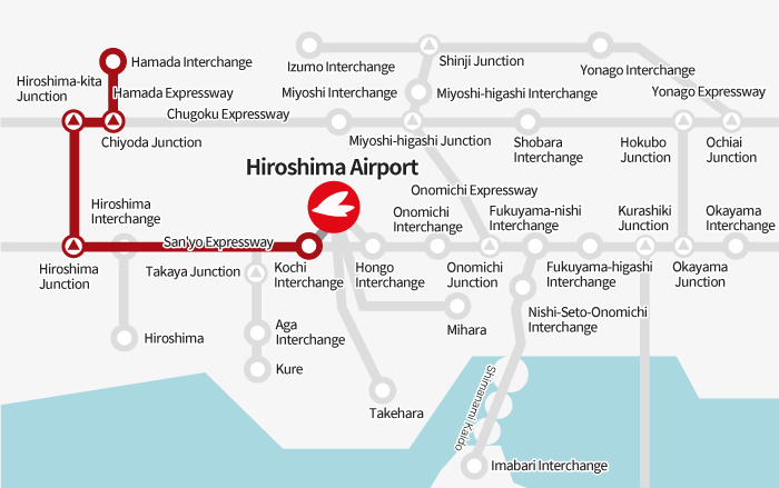 [From Hamada] Hamada Interchange → Chiyoda Junction → Hiroshima-kita Junction → Hiroshima Junction → Kochi Interchange → Hiroshima Airport