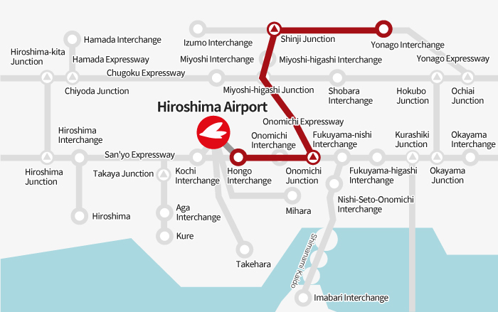 [From Yonago] Yonago Interchange → Shinji Junction → Onomichi Junction → Hongo Interchange → Hiroshima Airport