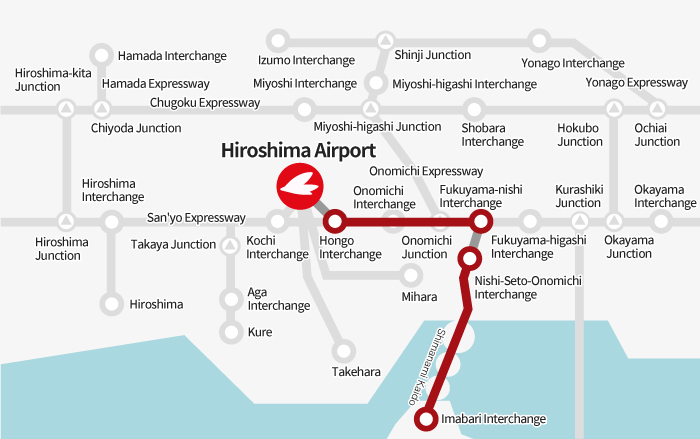 [From Imabari] Imabari Interchange → Fukuyama-nishi Interchange → Onomichi Interchange → Hongo Interchange → Hiroshima Airport