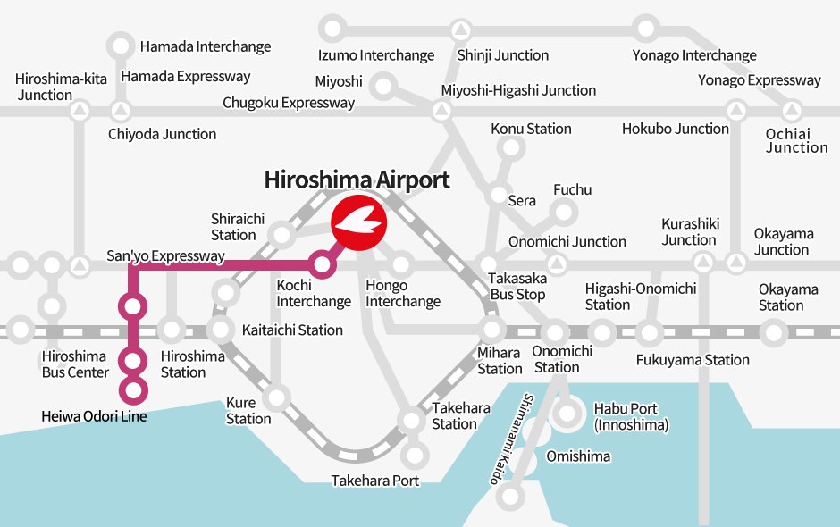 Heiwa Odori Line →【Bus】→ Via Hiroshima Bus Center → [Bus] → Hiroshima Airport