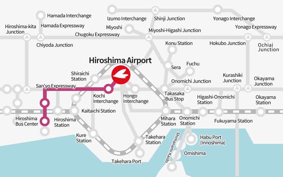 Heiwa Odori Line →【Bus】→ Via Hiroshima Bus Center → [Bus] → Hiroshima Airport