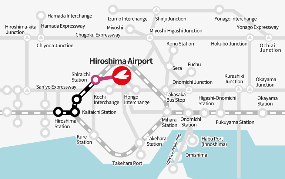 Hiroshima Station → [JR] → Shiraichi Station → [Bus] → Hiroshima Airport