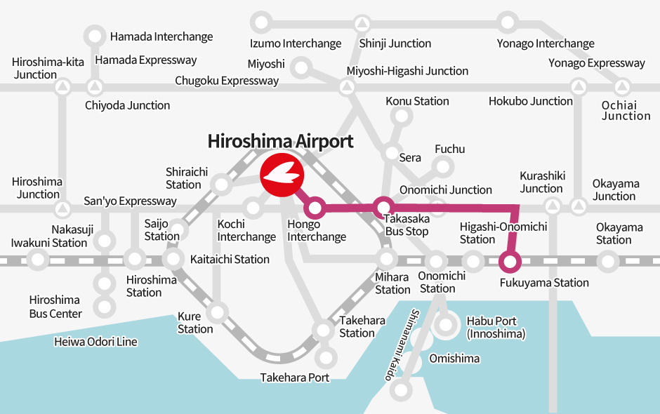 Fukuyama Station → [Bus] → Takasaka Bus Stop (Transfer) → [Bus] → Hiroshima Airport