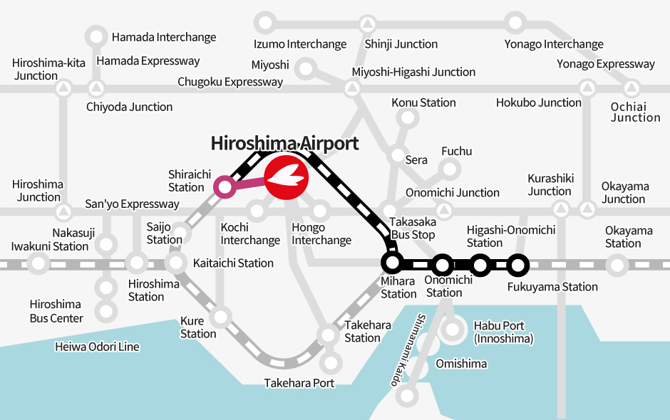 Fukuyama Station → [JR] → Shiraichi Station (Transfer) → [Bus] → Hiroshima Airport