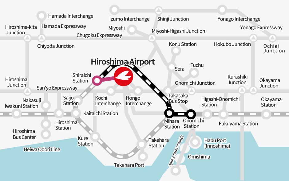 Onomichi Station → [JR] → Shiraichi Station (Transfer) → [Bus] → Hiroshima Airport