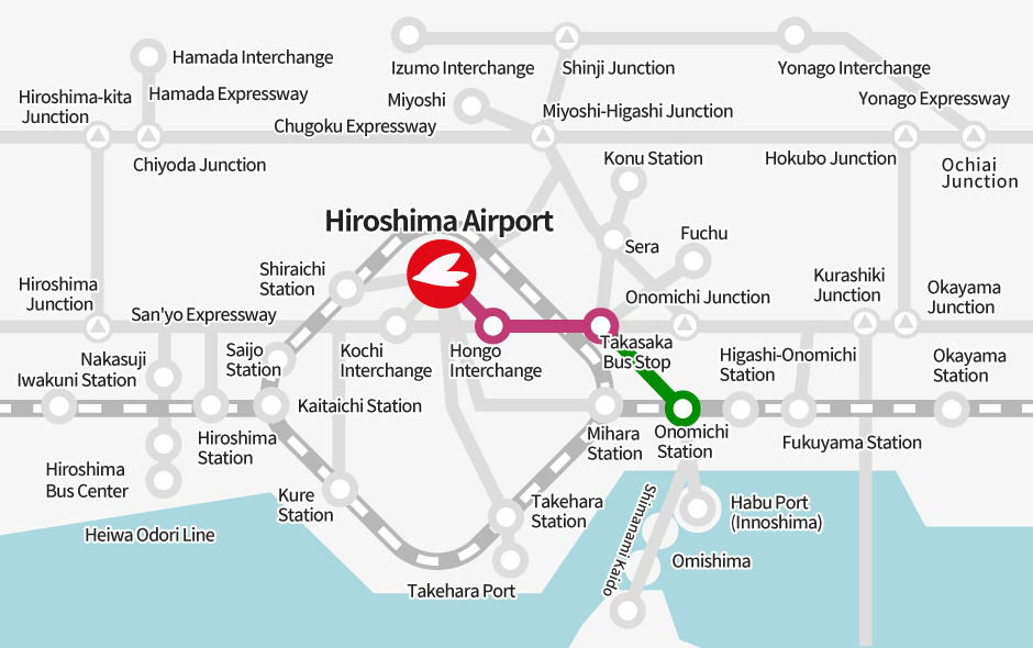 Onomichi Station → [Expressway Bus] → Takasaka Bus Stop (Transfer) → [Bus] → Hiroshima Airport