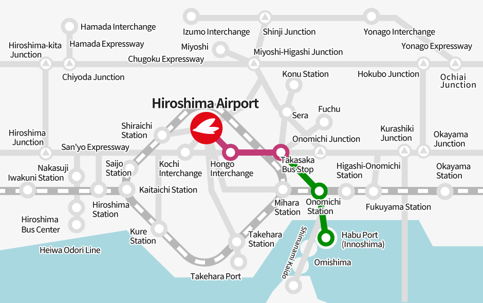 Habu Port (Innoshima) → [Expressway Bus] → Takasaka Bus Stop (Transfer) → [Bus] → Hiroshima Airport