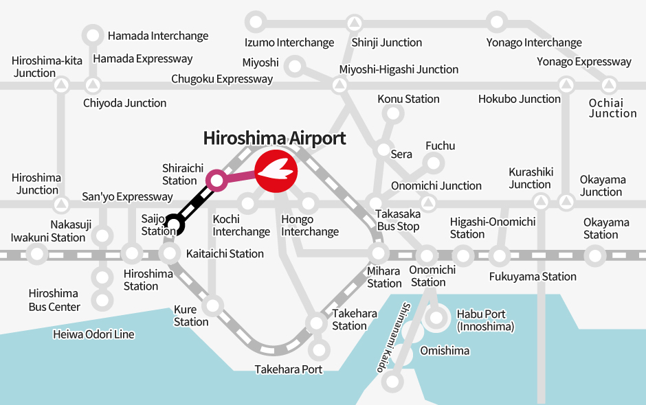 Saijo Station → [JR] → Shiraichi Station (Transfer) → [Bus] → Hiroshima Airport