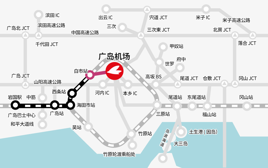 岩国站→【JR】→白市站（换乘）→【巴士】→广岛机场