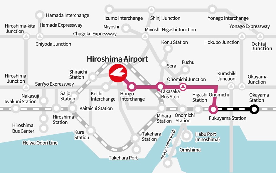 Okayama Station → [JR] → Fukuyama Station (Transfer) → [Bus] → Hiroshima Airport