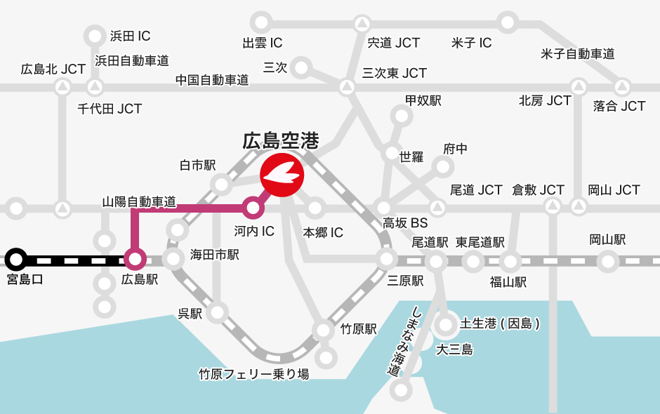 宮島口 →【JR】→ 広島駅 →【バス】→ 広島空港