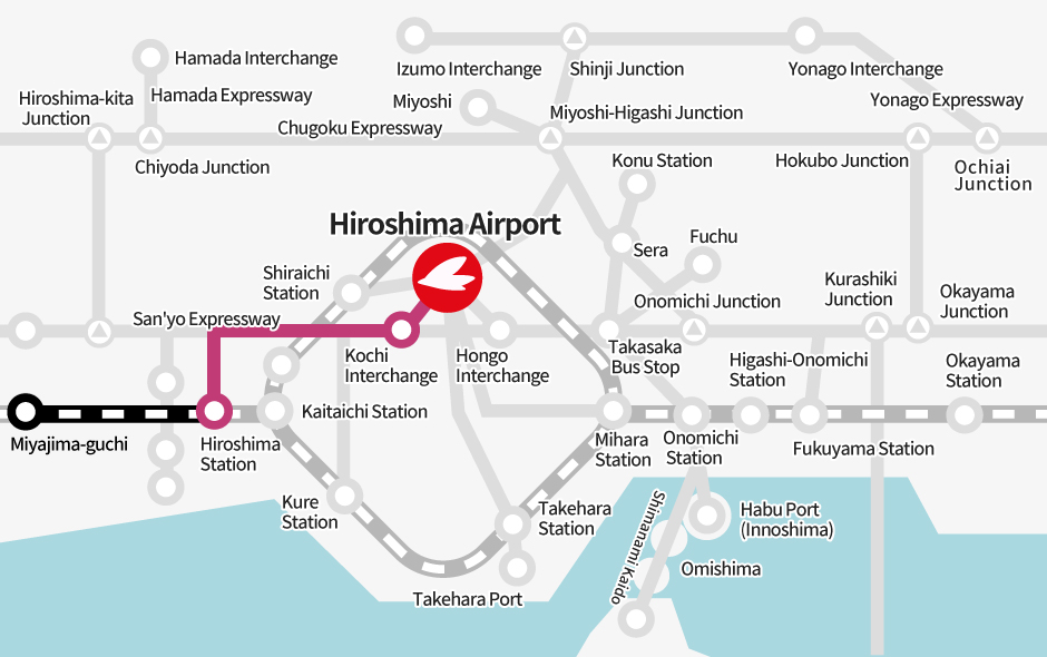 Miyajima-guchi →【JR】→ Hiroshima Station →【Bus】→ Hiroshima Airport