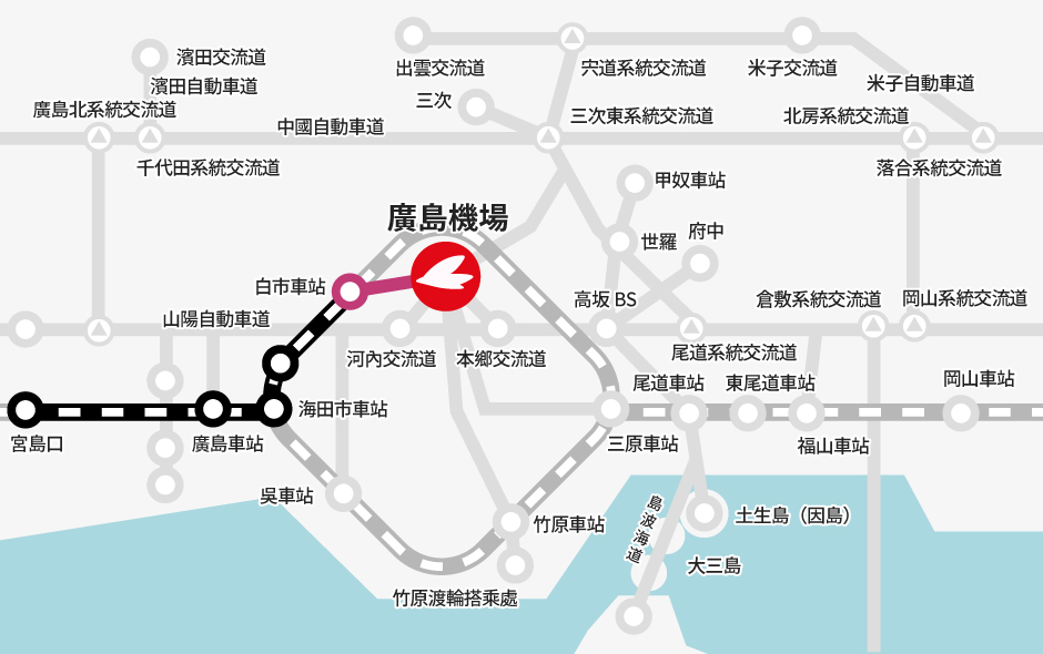 宮島口 →【JR】→ 白市車站 →【巴士】→ 廣島機場