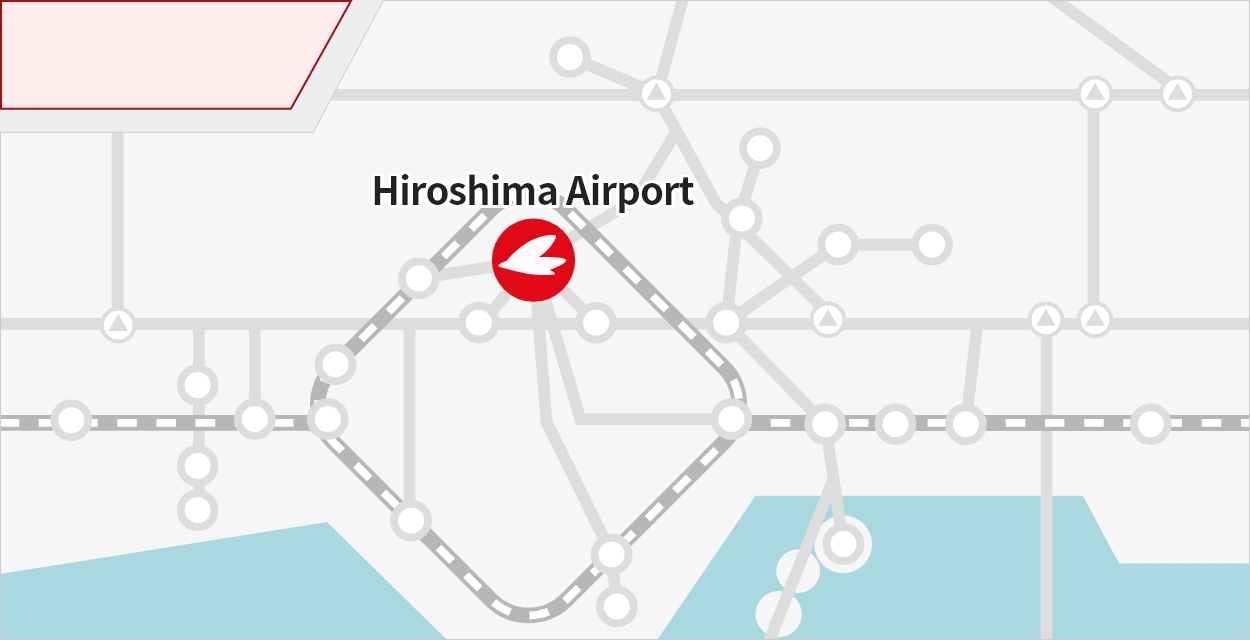 This page provides information about the routes and travel time from various directions if you want to access Hiroshima Airport by car or motorcycle. Click a starting point on the map for more details.