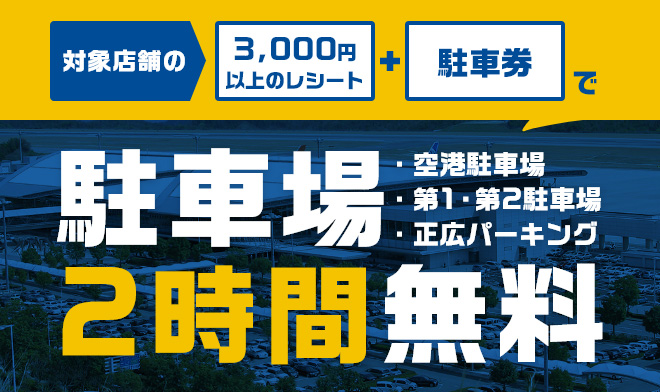 期間中、広島空港の対象店舗で3,000円以上ご利用の方に駐車場2時間無料