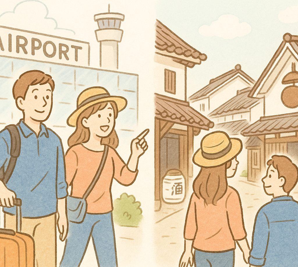広島空港に到着した旅行者と街を観光する旅行者