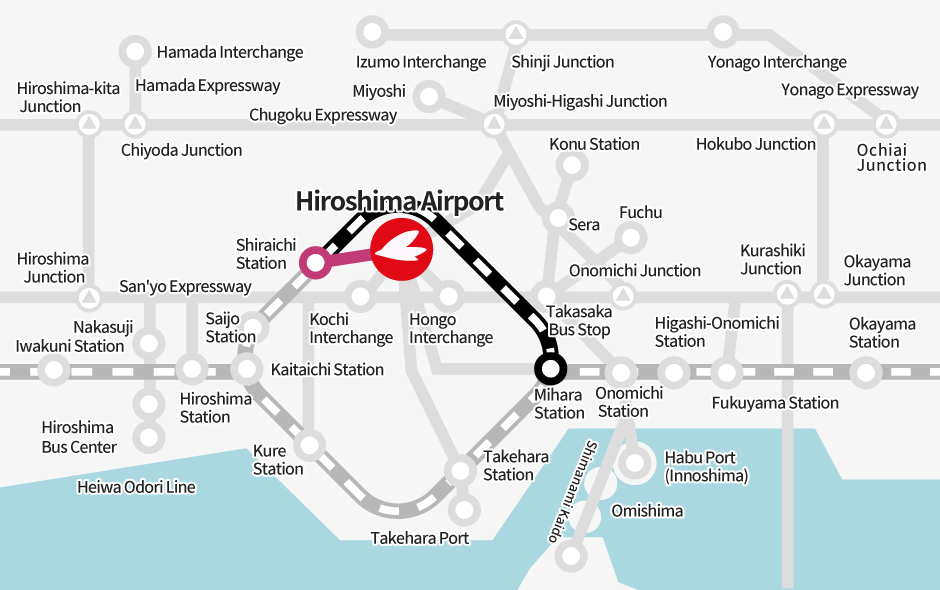 Mihara Station → [JR] → Shiraichi Station (Transfer) → [Bus] → Hiroshima Airport