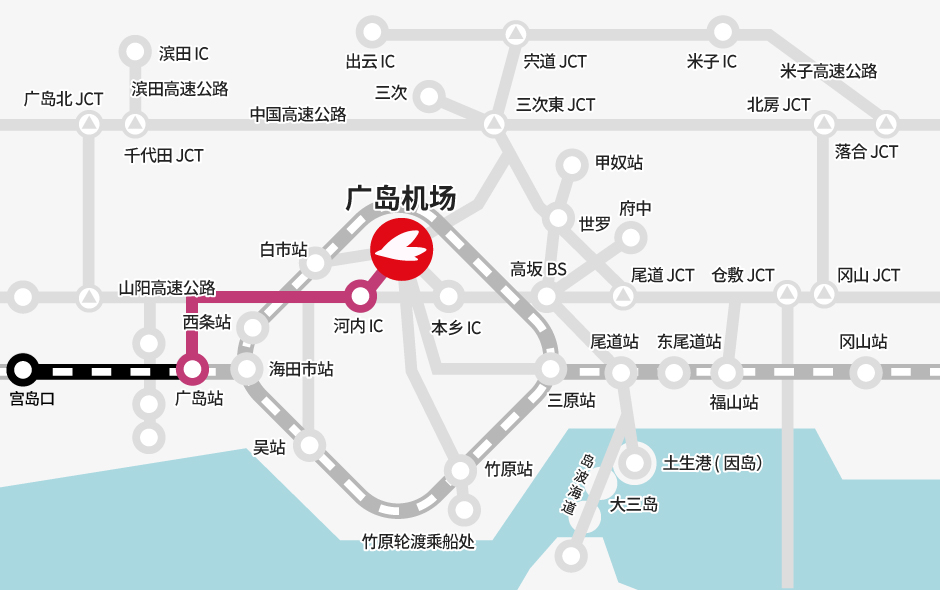 宫岛口 →【JR】→ 广岛站 →【巴士】→ 广岛机场