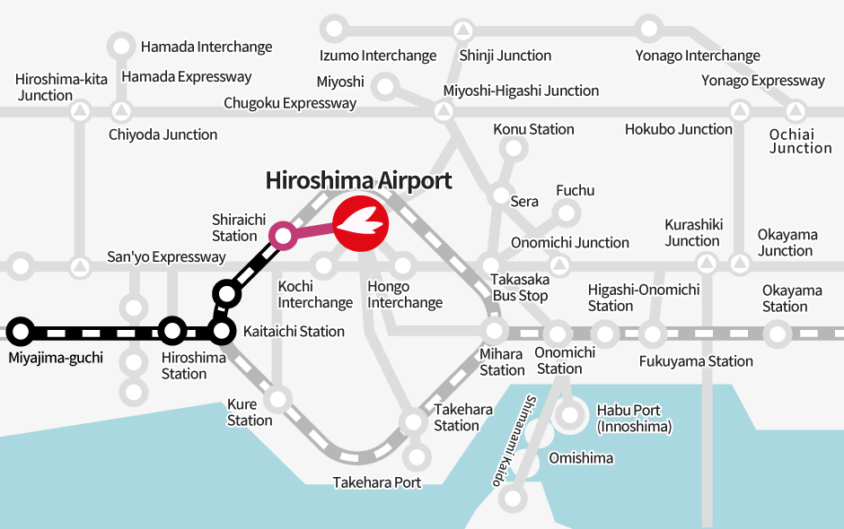Miyajima-guchi →【JR】→ Shiraichi Station →【Bus】→Hiroshima Airport