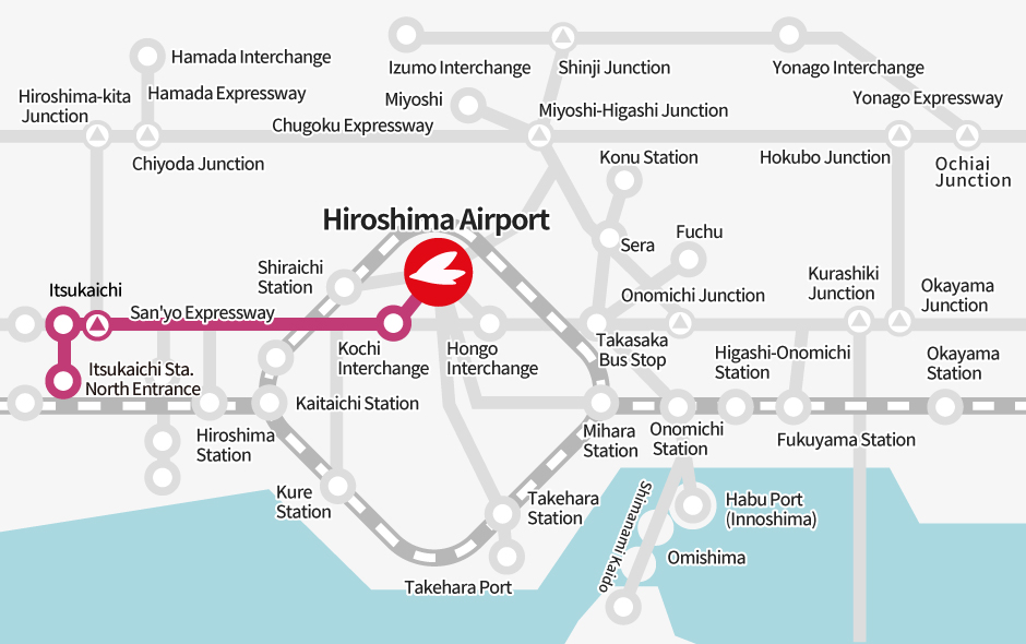 Itsukaichi Sta. North Entrance → 【Bus】→ Hiroshima Airport